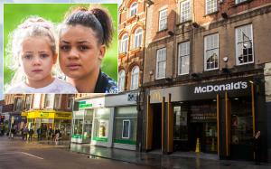 This is the McDonalds in Exeter, Devon, where four-year-old Kaya was stuck to a toilet seat after a sick pranksters covered it in glue. 04/01/2015  See SWNS story SWGLUE; A mum has condemned pranksters after her four-year-old girl was SUPERGLUED to a toilet seat in McDonald's. Furious Nicole Langmead, 24, was enjoying a meal at the fast food branch when her four-year-old daughter Kaya used the loo while she waited outside. But several minutes later the youngster emerged from the ground floor cubicle in agony saying she had been stuck on the seat. Nicole found a strong clear adhesive - believed to be superglue - had been smeared over the seat which had ripped some skin off of Kaya's legs. Police are investigating and want to talk to two teenage girls who were came out of the cubicle in Exeter, Devon, just before Kaya went in.