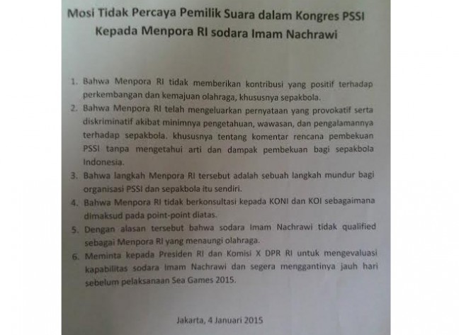Forum Asprov PSSI Keluarkan Mosi Tidak Percaya Terhadap Menpora