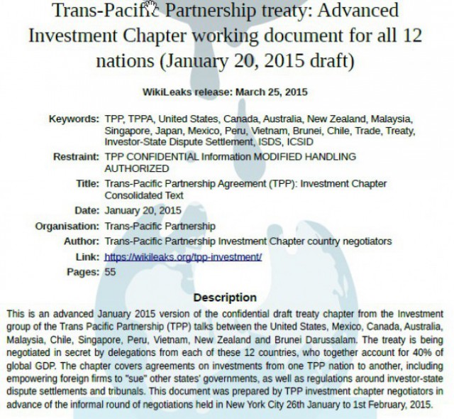 Wikileaks Ungkap Draf Perjanjian Kontroversial Soal TPP