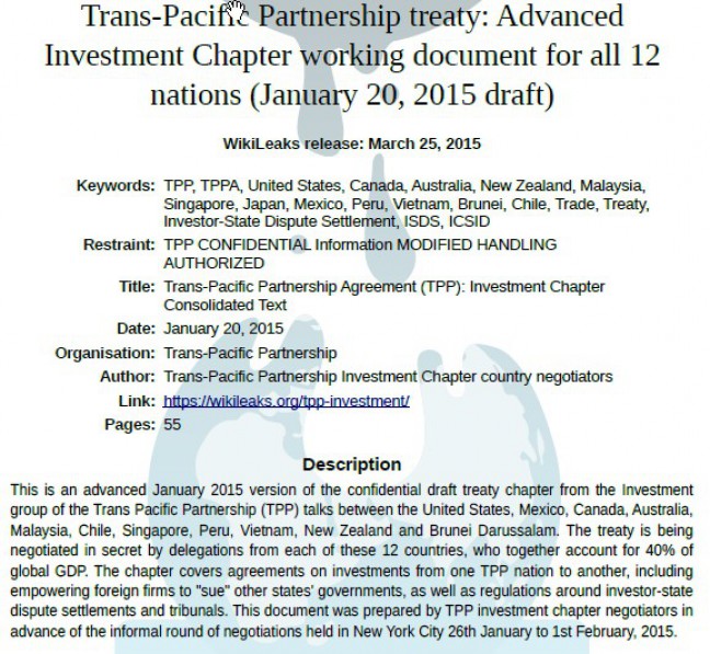 Wikileaks Ungkap Draf Perjanjian Kontroversial Soal TPP