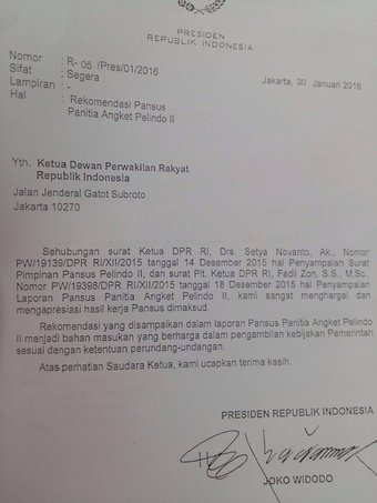 Jawaban Surat Rekomendasi Pansus Pelindo II