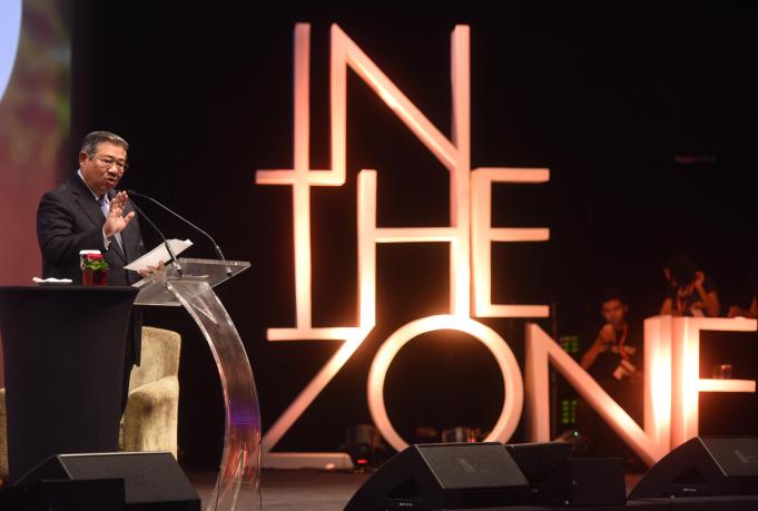 Presiden Keenam RI Susilo Bambang Yudhoyono memberikan pidato kunci dalam konferensi internasional 'In The Zone' di Jakarta, Sabtu (14/5)