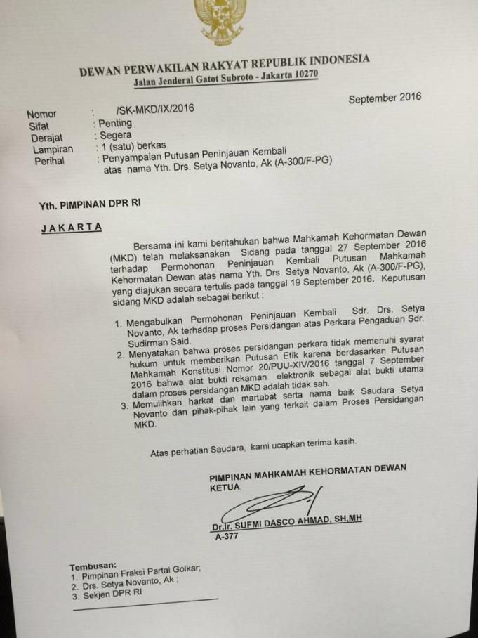 SK MKD Mengabulkan Permohononan Peninjauan Kembali yang diajukan Ketua Fraksi Golkar Setya Novanto
