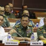 Dari kiri ke kanan, Menhan Ryamizard Ryacudu, Panglima TNI Jenderal Gatot Nurmayanto, KSAD Jenderal TNI Mulyono, KSAL Laksamana Ade Supandi dan KSAU Marsekal Hadi Tjahjanto saat mengikuti raker dengan Komisi I DPR di Gedung Parlemen, Senayan, Jakarta, Senin (6/2/2017). Raker ini membahas evaluasi pencapaian program anggaran dan evaluasi pencapaian kegiatan Kemhan/TNI Tahun 2016 dan rencana kerja program kerja 2017 disamping itu isu-isu aktual di bidang pertahanan dan solusi penyelesaiannya. AKTUAL/Tino Oktaviano
