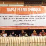 Komisioner KPU DKI Jakarta bersama saksi pasangan calon dan anggota Badan Pengawas Pemilu (Bawaslu) menyaksikan pembukaan kotak suara saat rapat pleno terbuka rekapitulasi hasil perhitungan suara tingkat provinsi pemilihan Gubernur dan dan Wakil Gubernur DKI Jakarta tahun 2017 di Hotel Sahid, Jakarta (26/2/2017). Rekapitulasi di tingkat provinsi ini adalah tahapan terakhir dari rangkaian proses rekapitulasi hasil perhitungan suara Pilgub DKI Jakarta. AKTUAL/Munzir