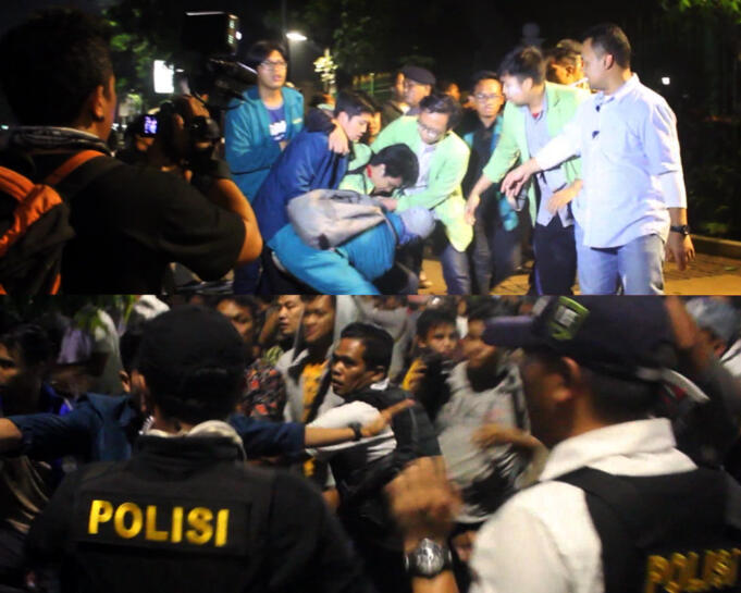 Ratusan mahasiswa dari Badan Eksekutif Mahasiswa Seluruh Indonesia (BEM SI) yang masih bertahan hingga menjelang tengah malam akhirnya dibubar paksa oleh aparat kepolisian, Jumat (20/10). AKTUAL/WARNOTO