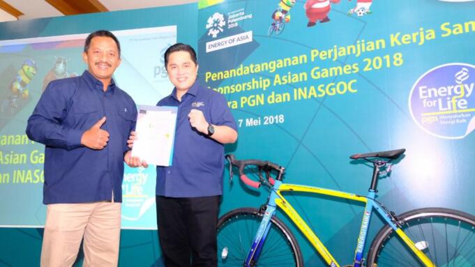 Direktur Utama PT PGN Tbk Jobi Triananda Hasjim dan Presiden INASGOC Erick Thohir menandatangani Perjanjian Kerjasama Sponsorship Asian Games 2018. PGN menyatakan kesiapan untuk mendukung pelaksanaan Asian Games 2018 mulai dari kegiatan promosi hingga acara pembukaan ajang olahraga terbesar di Asia tersebut.