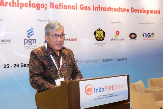 Direktur Utama PT PGN Tbk Gigih Prakoso saat menjadi salah satu pembicara dalam Acara 7th International Indonesia Gas Infrastructure Conference & Exhibition 2018, di Jakarta, Selasa (25/9).