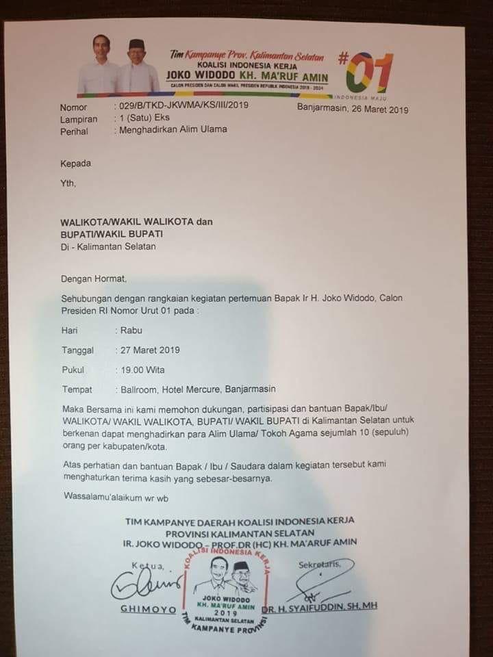 Beredar Surat Permohonan Tim Kampanye Jokowi Minta Bantuan Hadirkan Ulama Di Kalsel Aktual 