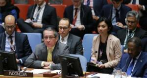 Wakil Tetap RI untuk PBB di New York Dian Triansyah Djani dalam pertemuan Dewan Keamanan (DK) PBB mengenai Suriah, di New York, AS, Rabu (19/2/2020). (PTRI New York)