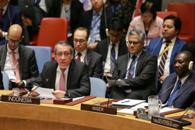 Wakil Tetap RI untuk PBB di New York Dian Triansyah Djani berbicara dalam pertemuan khusus Dewan Keamanan PBB tentang situasi Timur Tengah termasuk Palestina, di New York, AS, Selasa (11/2/2020). (PTRI New York)