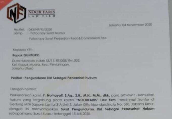 Surat Pengunduran Noor Faris LawFirm sebagai Penasihat Hukum Guntoro. (ISTIMEWA)