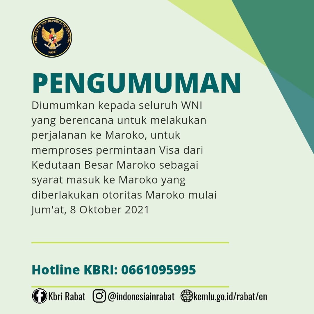 Informasi KBRI Rabat Maroko soal pemberlakuan visa untuk WNI, dilansir dari situs Kementerian Luar Negeri RI, Jakarta, Selasa (12/10).