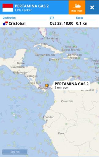 Lokasi terkini Kapal Tanker Pertamina Gas 2 Dipotret dari Aplikasi VesselFinder