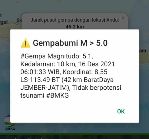 Posisi gempa yang terjadi diambil dari aplikasi BMKG. Foto: Aktual/Aziz