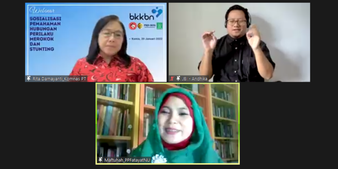 Dr. Dra. Rita Damayanti, MSPH dalam Webinar Sosialisasi Pemahaman Hubungan Perilaku Merokok dan Stunting, Kamis (20/1).