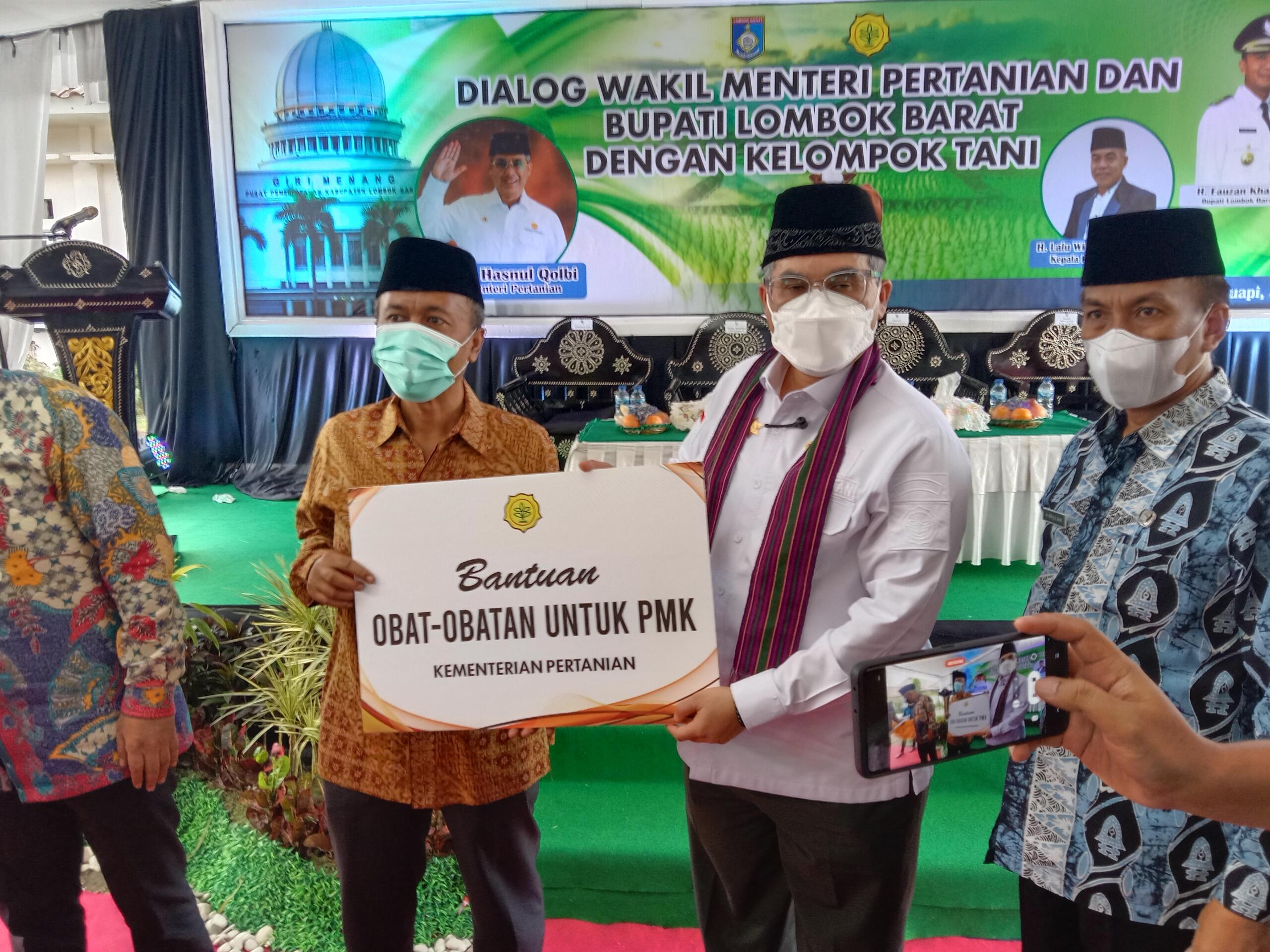 Wakil Menteri Pertanian, Harvick Hasnul Qolbi saat menyerahkan bantuan obat-obatan untuk PMK ke Bupati Lombok Barat, Fauzan Khalid, Kamis (30/6/2022). Foto: Hilmi/Aktual