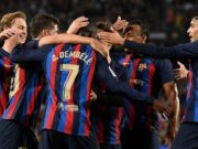 Pemain Barcelona Fc melakukan selebrasi usai membobol gawang Athletic Bilbao di Camp Nou, Barcelona pada 24 Oktober 2022.