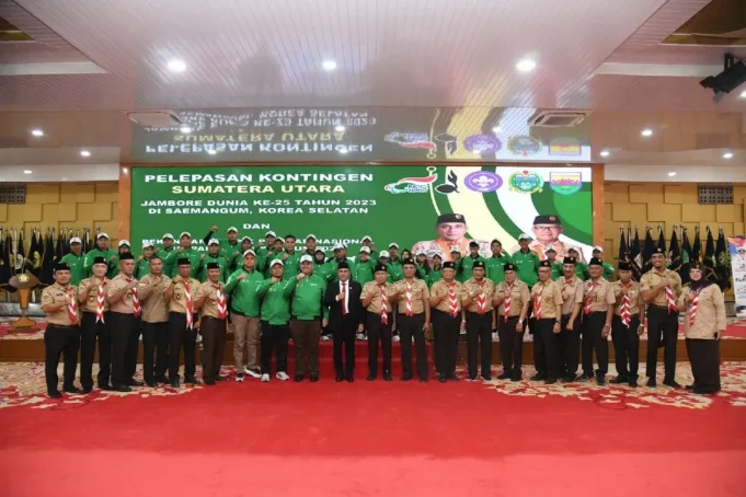 Gubernur Sumatera Utara Edy Rahmayadi melepas Kontingen Kwatir Daerah Gerakan Pramuka Sumut untuk mengikuti 25th World Scout Jambore Tahun 2023 di Sea Man-Geum, Korea Selatan. ANTARA/HO-Humas Pemprov Sumut