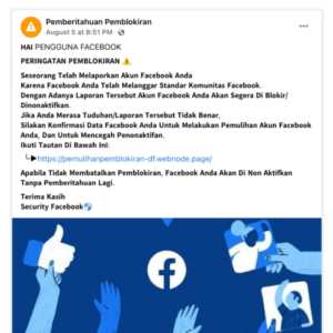 Unggahan hoaks yang menyertakan tautan pemulihan akun Facebook yang terblokir. Faktanya, tautan resmi Facebook tidak sesuai dengan tautan pada unggahan. (Facebook)