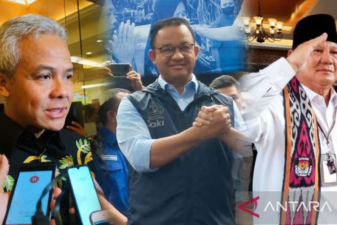 Kolase foto tiga kandidat kuat calon presiden, Ganjar Pranowo, Prabowo Subianto dan Anies Baswedan. (ANTARA/Boyke Ledy Watra)