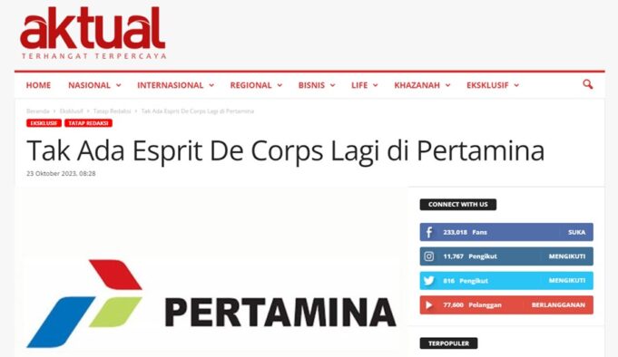 Editorial Aktual "Tak Ada Esprit De Corps Lagi di Pertamina"