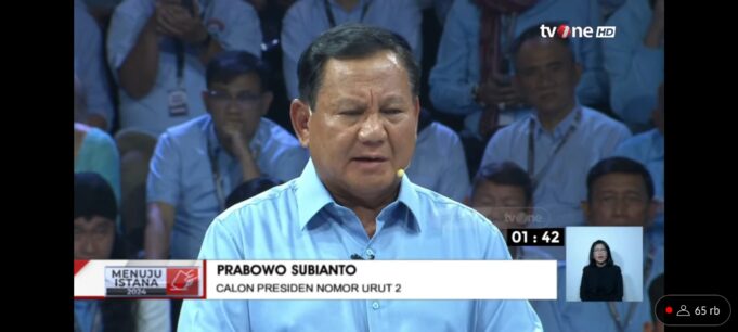 Prabowo Subianto dalam tangkapan layar saat Debat Perdana Capres 2024