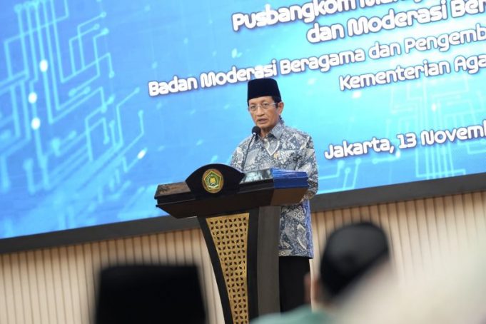 Menteri Agama Nasaruddin Umar saat menutup Pelatihan Kepemimpinan Nasional Tingkat II (PKN Tk.II) Angkatan XXVII di Jakarta.