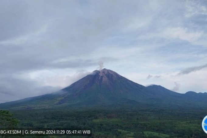 Gunung Semeru saat erupsi dengan letusan setinggi 800 meter di atas puncak pada Jumat (29/11/2024) pagi pukul 05.47 WIB