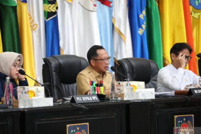 Mendagri Muhammad Tito Karnavian saat memimpin Rapat Koordinasi Pengendalian Inflasi Daerah di Gedung Sasana Bhakti Praja Kantor Pusat Kementerian Dalam Negeri, Jakarta, Senin (20/1/2025).
