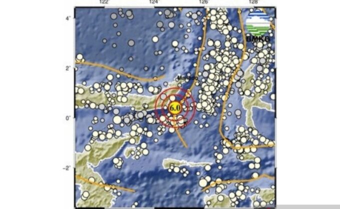 Peta gempa bumi 6,0 magnitudo mengguncang Kota Manado, Sulawesi Utara, Rabu (26/2/2025) pagi.