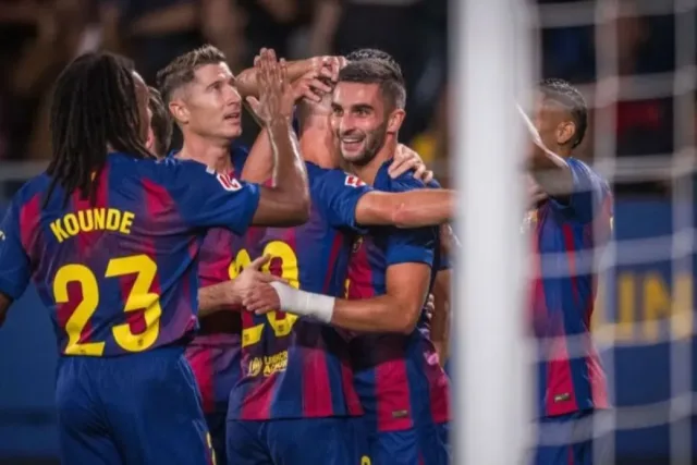 Ferran Torres (kedua kanan) merayakan gol dengan rekan setimnya saat pertandingan Liga Spanyol 2025/26 antara Barcelona vs Getafe di Estadi Johan Cruyff pada Senin (22/9/2025). Fcbarcelona.com