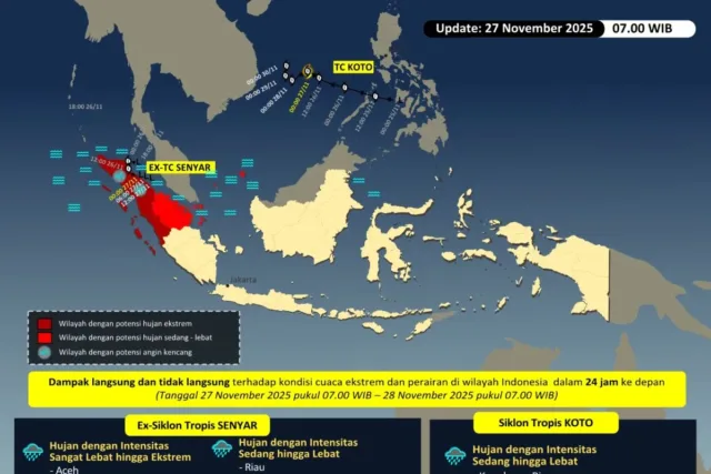Gambar citra pergerakan Siklon Tropis Senyar dan Siklon Koto di Selat Malaka, Jumat (27/11/2025). ANTARA/HO-BMKG