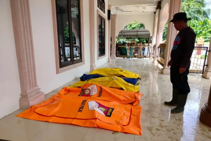 Tim DVI Polres Agam sedang mengindentifikasi jasad korban bencana banjir bandang di Salareh Aia, Kecamatan Palembayan. ANTARA/Yusrizal.