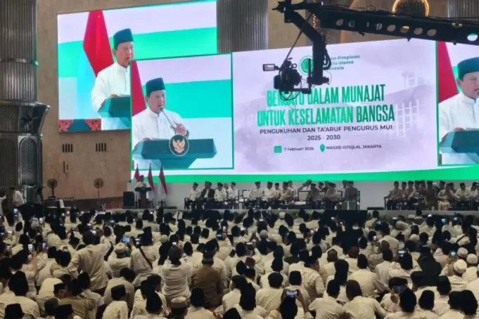 Presiden RI Prabowo Subianto saat bertaklimat di agenda Pengukuhan Pengurus Majelis Ulama Indonesia (MUI) periode 2025–2030 di Masjid Istiqlal, Jakarta Pusat, Sabtu (7/2/2026). ANTARA/Andi Firdaus