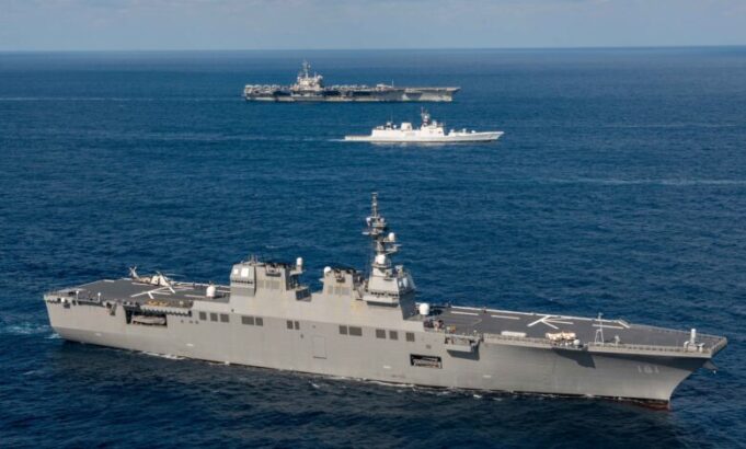 USS Ronald Reagan (CVN 76) steams in formation with allies during Malabar 2022