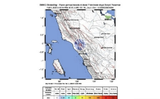 Peta getaran gempa terdeteksi di wilayah Kabupten Pasaman, Sumatera Barat, Kamis (5/2/2026). ANTARA/HO-Pusat Gempa Bumi dan Tsunami BMKG