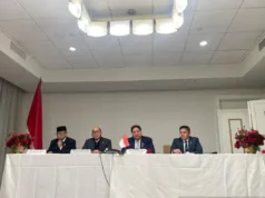 RI–Freeport Teken MoU Perpanjangan IUPK hingga 2061, Nilai Investasi Capai 20 Miliar Dolar AS (Kiri-Kanan) Duta Besar RI untuk AS Dwisuryo Indroyono Soesilo, Menteri Investasi dan Hilirisasi Rosan Roeslani, Menteri Koordinator Bidang Perekonomian Airlangga Hartarto, Sekretaris Kabinet RI Teddy Indra Wijaya dalam konferensi pers di Washington D.C, AS, Kamis waktu setempat (19/2/2026) (ANTARA/Hafidz Mubarak A)